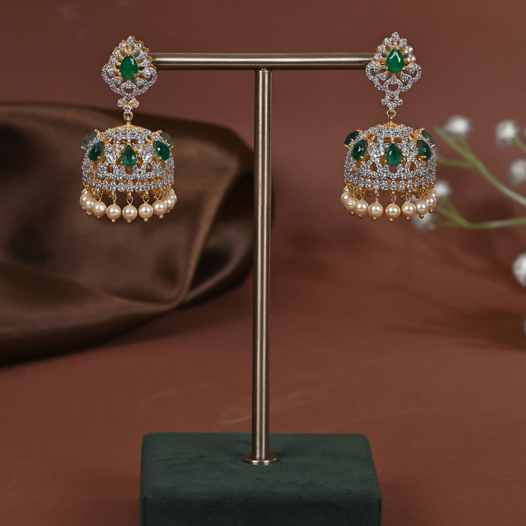 Hriday collection of 92.5 silver jhumka earrings with CZ stones, intricate  design for bridal and festive wear by Sri fine jewellery, Hyderabad.
(https://www.srifinejewellery.com)