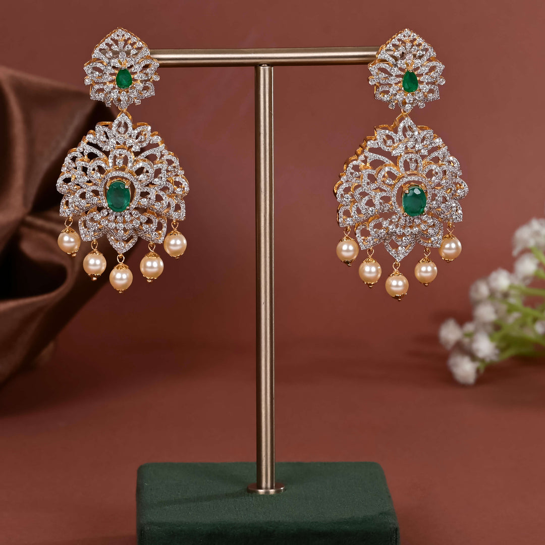 Hriday collection of 92.5 silver earrings with CZ stones, intricate  design for bridal and festive wear by Sri fine jewellery, Hyderabad.
(https://www.srifinejewellery.com)