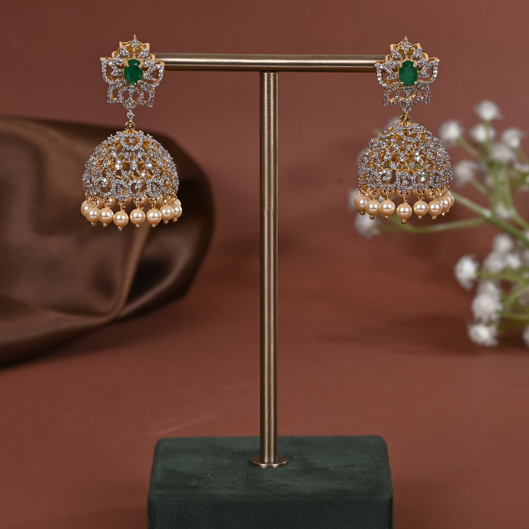 Hriday collection of 92.5 silver jhumka earrings with CZ stones, intricate  design for bridal and festive wear by Sri fine jewellery, Hyderabad.
(https://www.srifinejewellery.com)