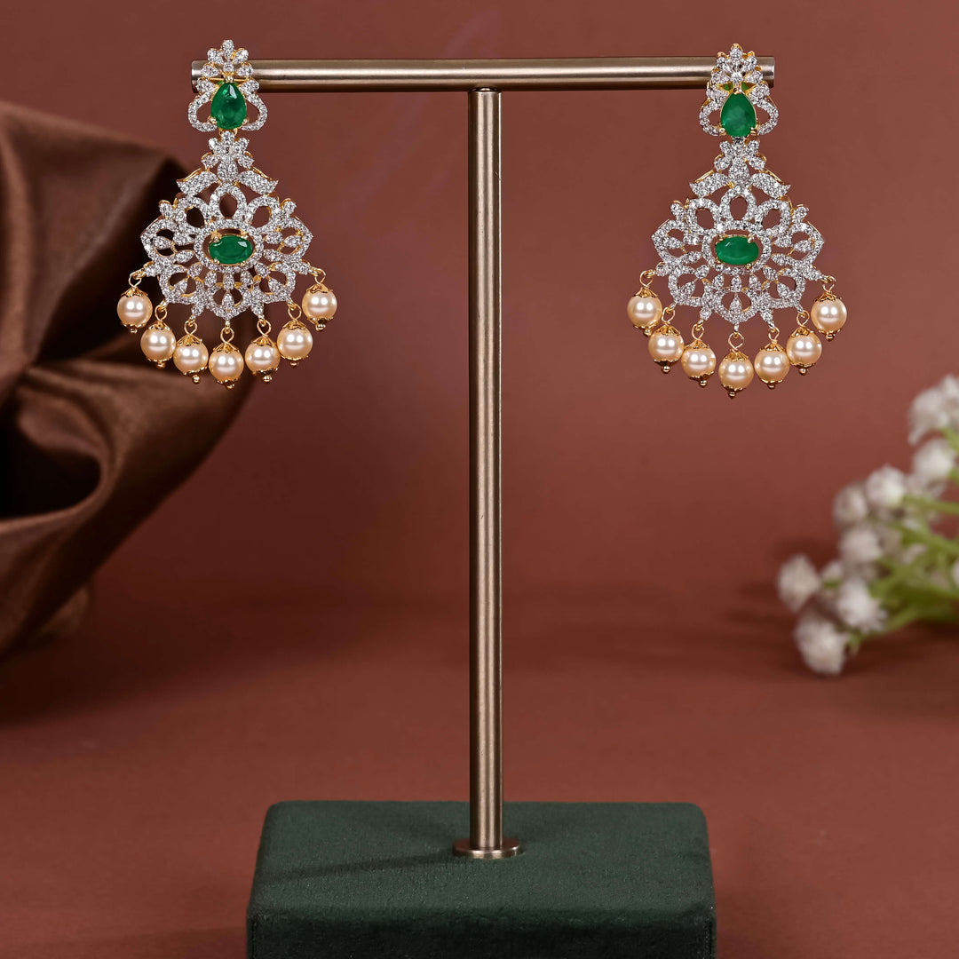 Hriday collection of 92.5 silver earrings with CZ stones, intricate  design for bridal and festive wear by Sri fine jewellery, Hyderabad.
(https://www.srifinejewellery.com)
