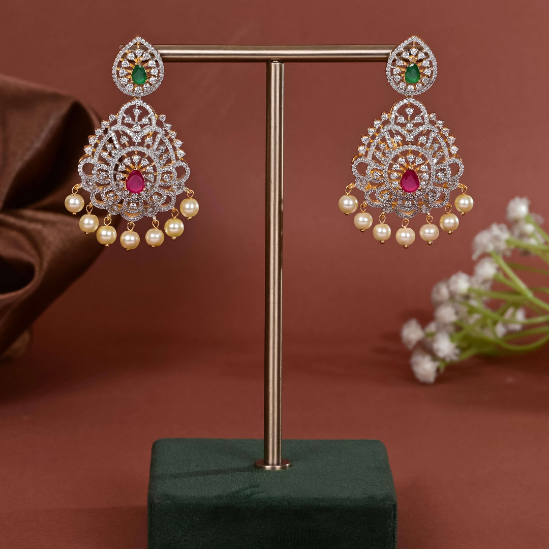 Hriday collection of 92.5 silver earrings with CZ stones, intricate  design for bridal and festive wear by Sri fine jewellery, Hyderabad.
(https://www.srifinejewellery.com)