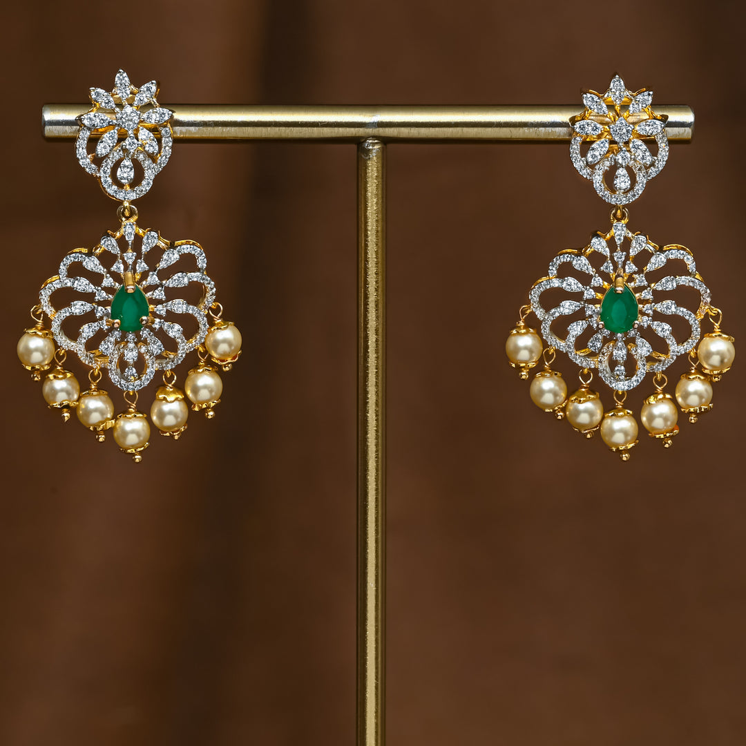 Full view of premium 92.5 silver cz emerald earrings with intricate detailing and pearl drops by Sri Fine Jewellery, Hyderabad (https://srifinejewellery.com)