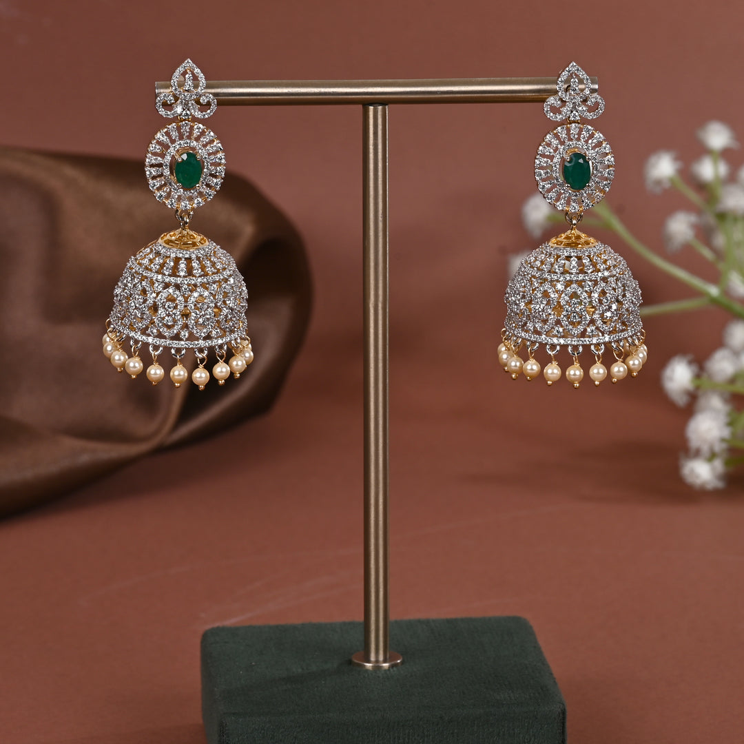 Hriday collection of 92.5 silver jhumka earrings with CZ stones, intricate  design for bridal and festive wear by Sri fine jewellery, Hyderabad.
(https://www.srifinejewellery.com)