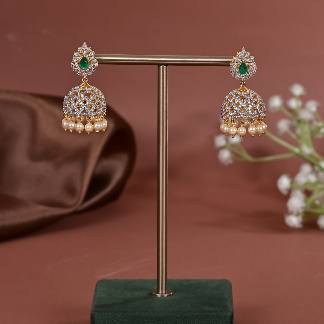 Hriday collection of 92.5 silver jhumka earrings with CZ stones, intricate  design for bridal and festive wear by Sri fine jewellery, Hyderabad.
(https://www.srifinejewellery.com)