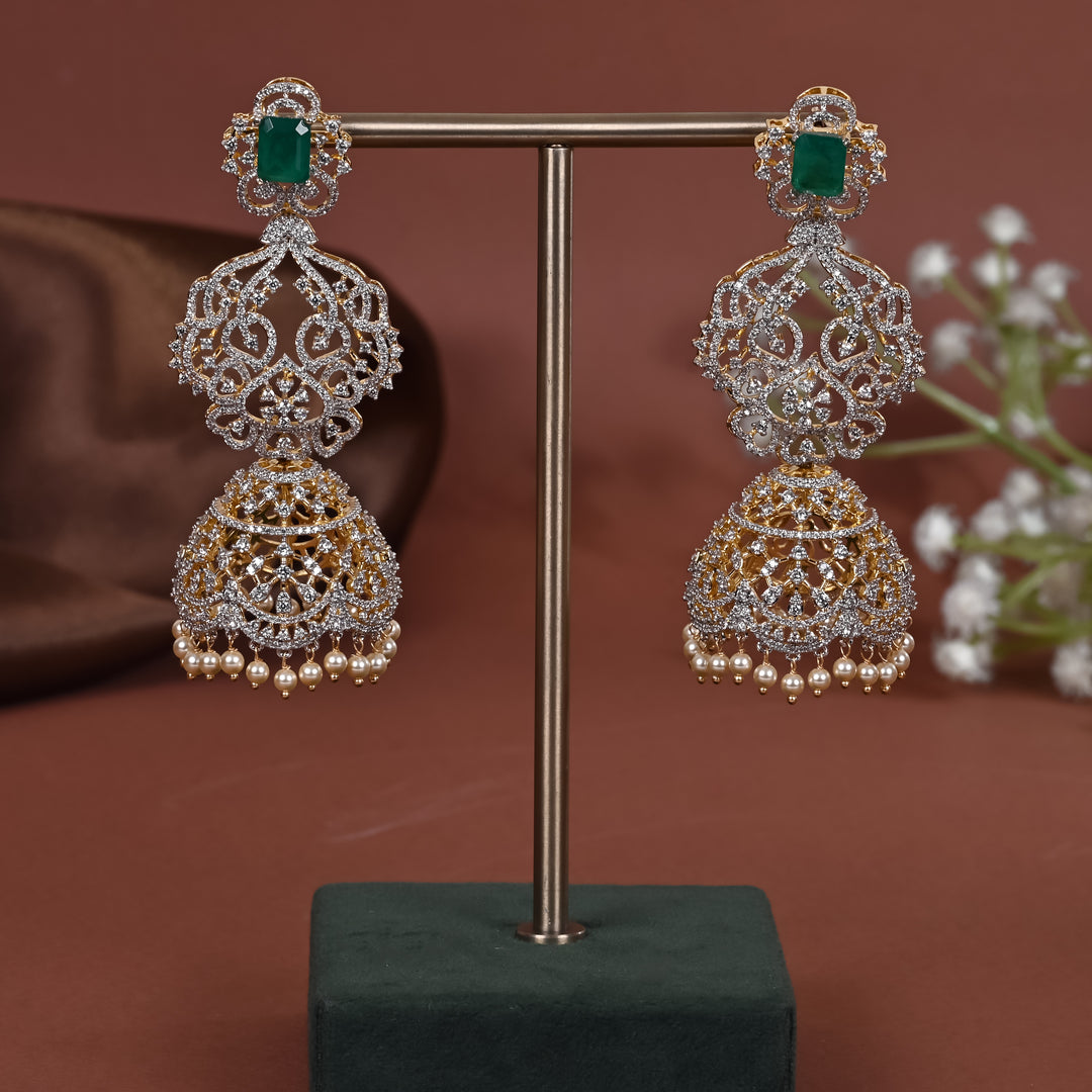 Hriday collection of 92.5 silver jhumka earrings with CZ stones, intricate  design for bridal and festive wear by Sri fine jewellery, Hyderabad.
(https://www.srifinejewellery.com)