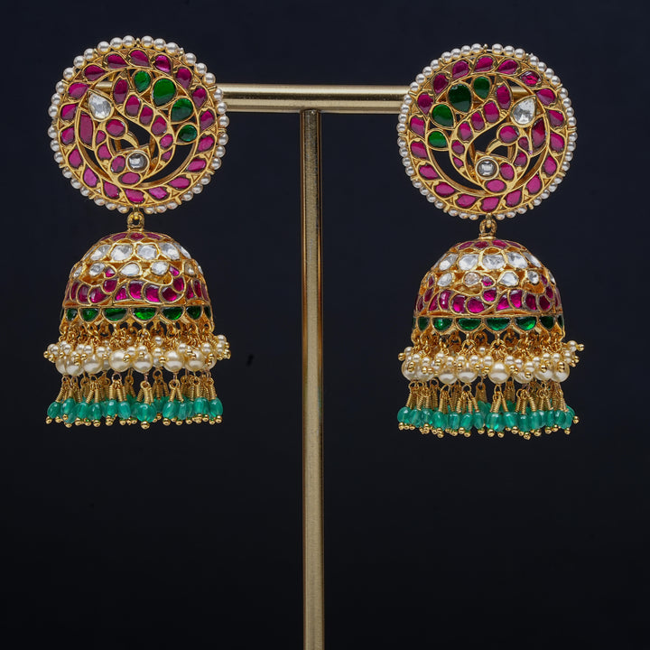 Premium 92.5 silver Kundan jhumka earrings with pearl drops, antique finish, and intricate handcrafted detailing by Sri Fine Jewellery, Hyderabad                               (https://www.srifinejewellery.com)