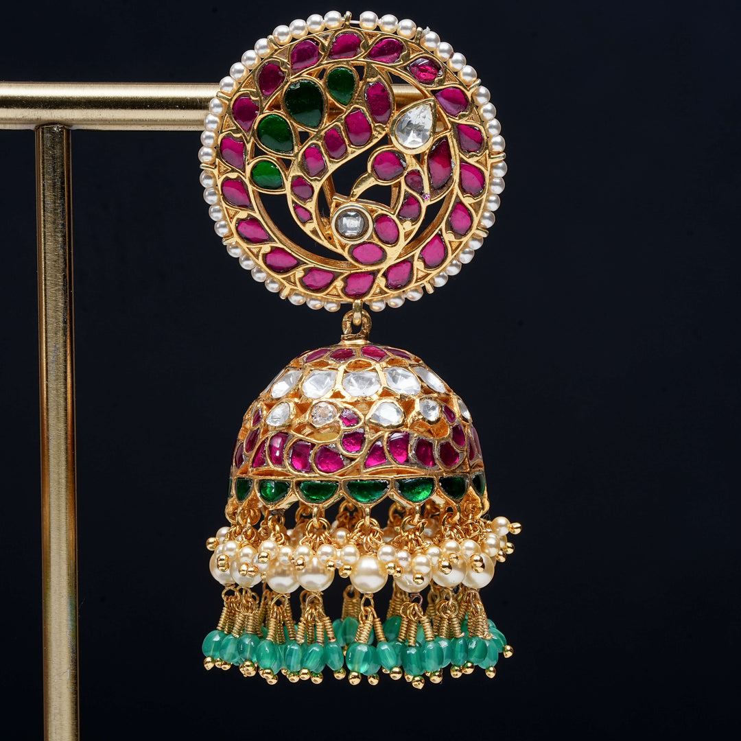 Premium 92.5 silver Kundan jhumka earrings with pearl drops, antique finish, and intricate handcrafted detailing by Sri Fine Jewellery, Hyderabad                               (https://www.srifinejewellery.com)