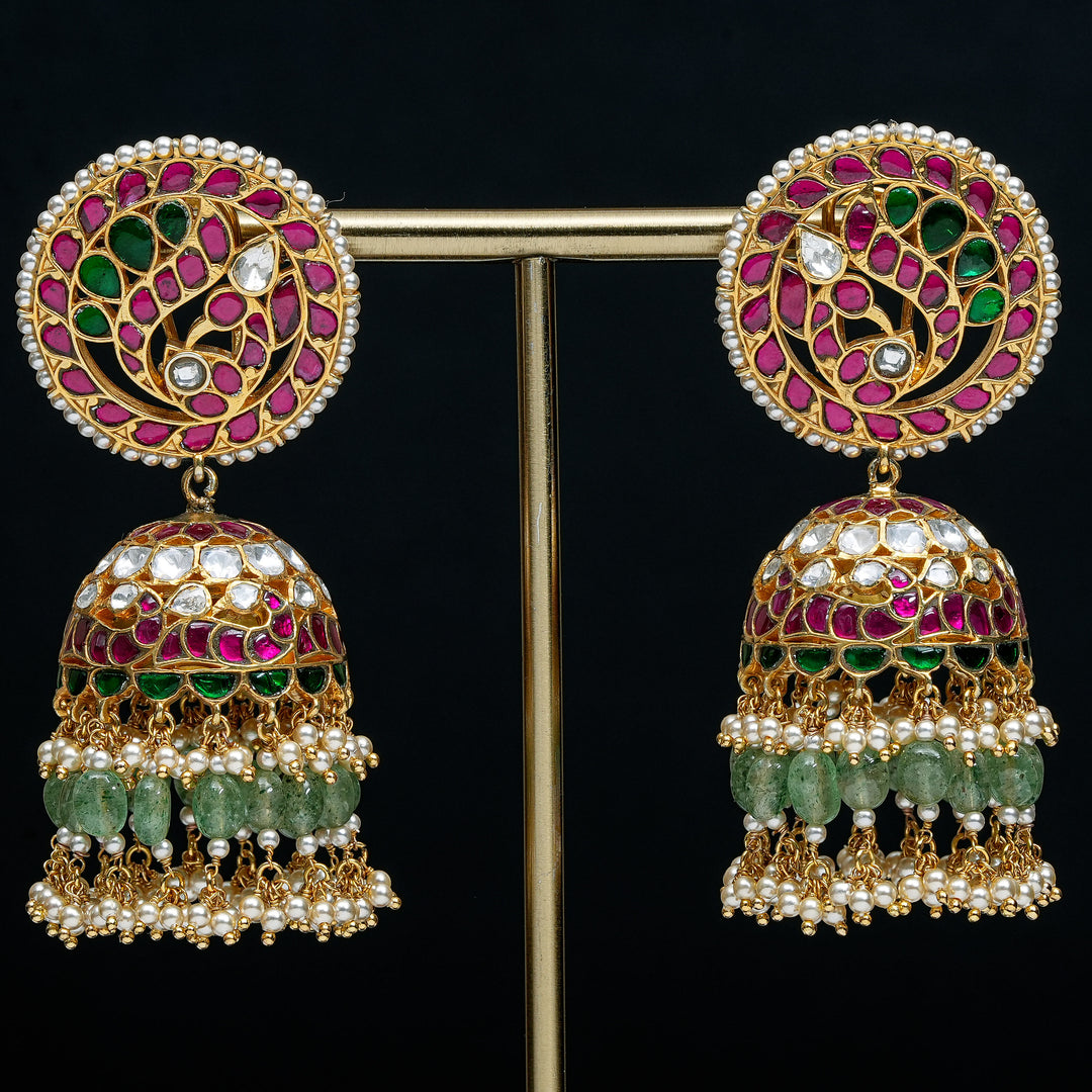 Premium 92.5 silver Kundan jhumka earrings with pearl drops, antique finish, and intricate handcrafted detailing by Sri Fine Jewellery, Hyderabad                               (https://www.srifinejewellery.com)