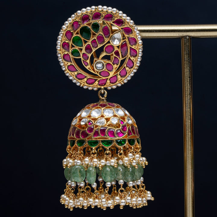 Premium 92.5 silver Kundan jhumka earrings with pearl drops, antique finish, and intricate handcrafted detailing by Sri Fine Jewellery, Hyderabad                               (https://www.srifinejewellery.com)