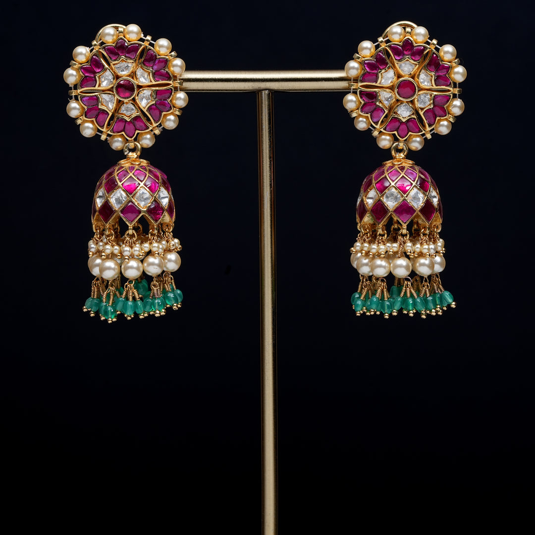 Premium 92.5 silver Kundan jhumka earrings with pearl drops, antique finish, and intricate handcrafted detailing by Sri Fine Jewellery, Hyderabad                               (https://www.srifinejewellery.com)