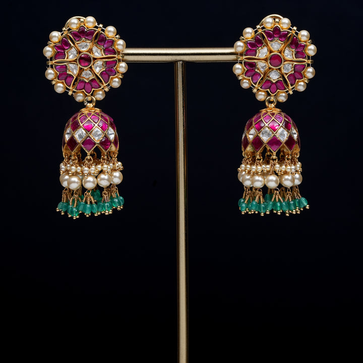 Premium 92.5 silver Kundan jhumka earrings with pearl drops, antique finish, and intricate handcrafted detailing by Sri Fine Jewellery, Hyderabad                               (https://www.srifinejewellery.com)