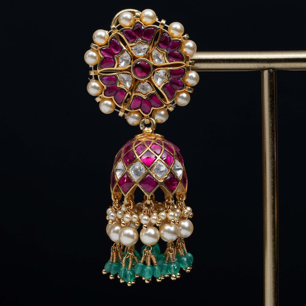 Premium 92.5 silver Kundan jhumka earrings with pearl drops, antique finish, and intricate handcrafted detailing by Sri Fine Jewellery, Hyderabad                               (https://www.srifinejewellery.com)