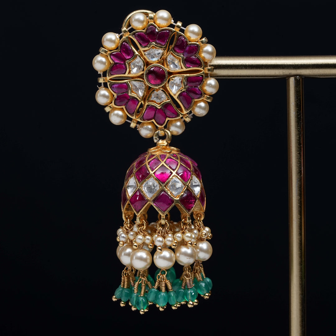 Premium 92.5 silver Kundan jhumka earrings with pearl drops, antique finish, and intricate handcrafted detailing by Sri Fine Jewellery, Hyderabad                               (https://www.srifinejewellery.com)