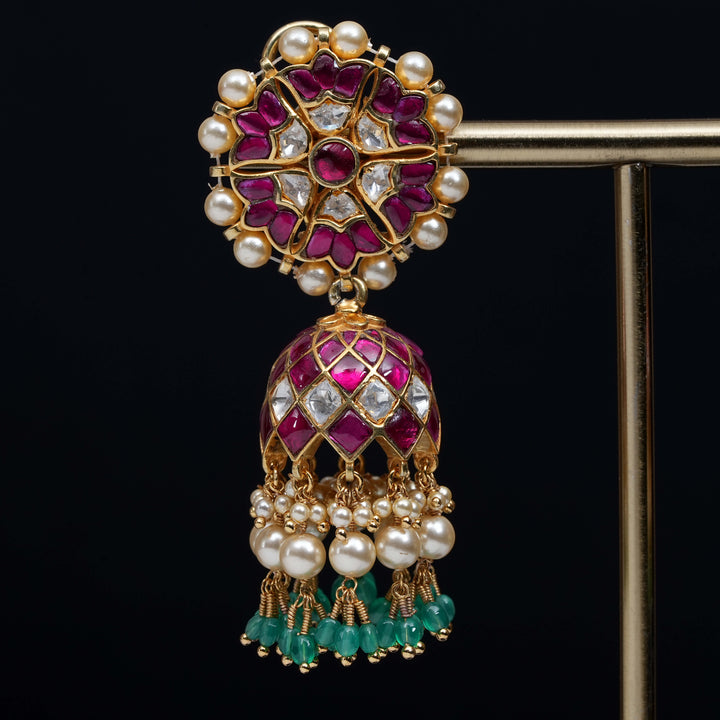 Premium 92.5 silver Kundan jhumka earrings with pearl drops, antique finish, and intricate handcrafted detailing by Sri Fine Jewellery, Hyderabad                               (https://www.srifinejewellery.com)
