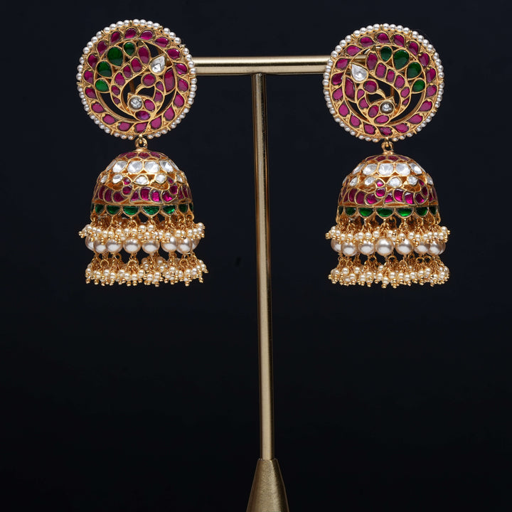 Premium 92.5 silver Kundan jhumka earrings with pearl drops, antique finish, and intricate handcrafted detailing by Sri Fine Jewellery, Hyderabad                               (https://www.srifinejewellery.com)