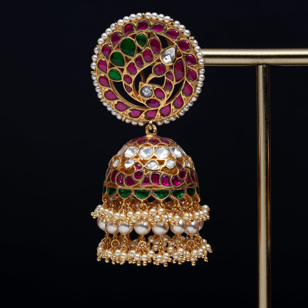 Premium 92.5 silver Kundan jhumka earrings with pearl drops, antique finish, and intricate handcrafted detailing by Sri Fine Jewellery, Hyderabad                               (https://www.srifinejewellery.com)