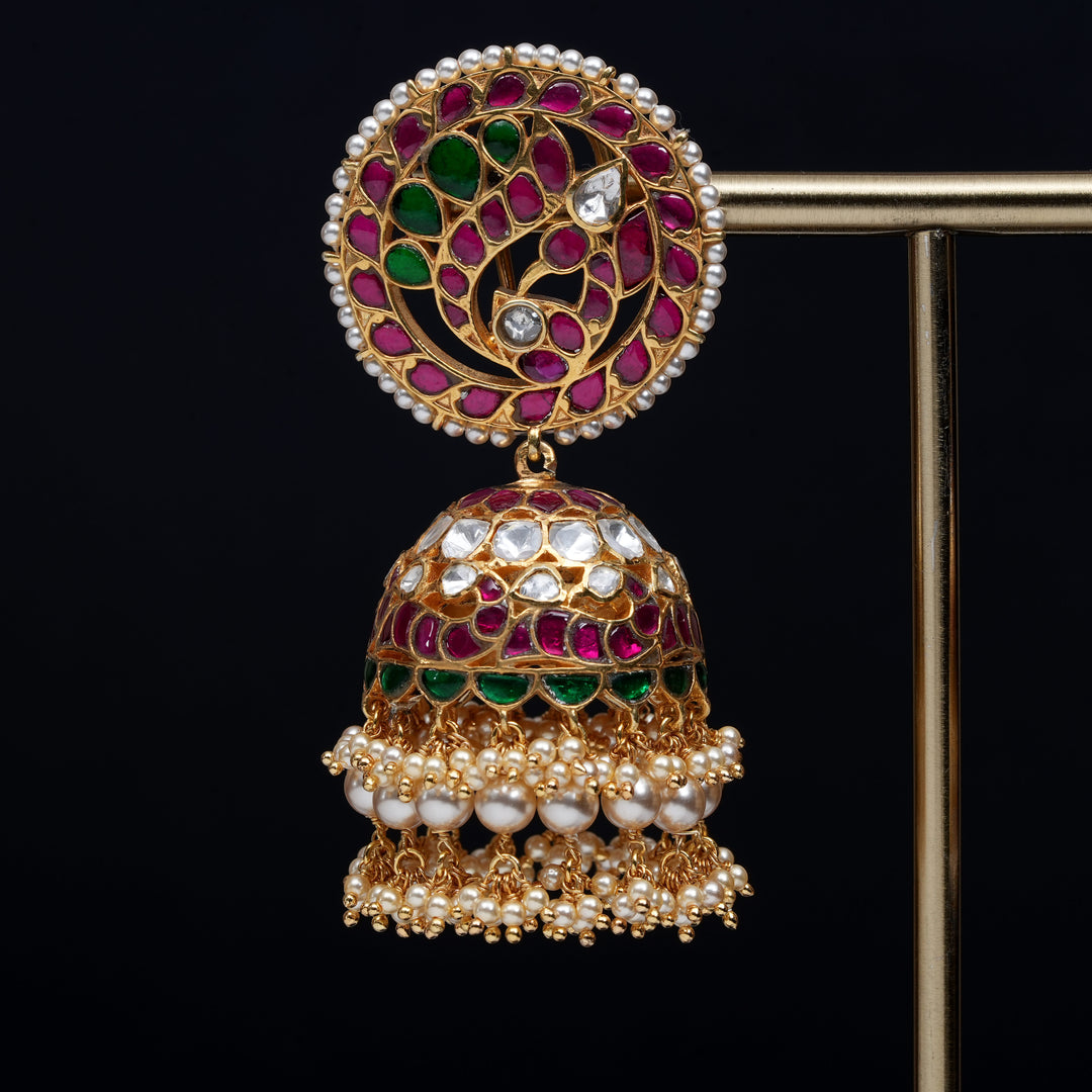 Premium 92.5 silver Kundan jhumka earrings with pearl drops, antique finish, and intricate handcrafted detailing by Sri Fine Jewellery, Hyderabad                               (https://www.srifinejewellery.com)