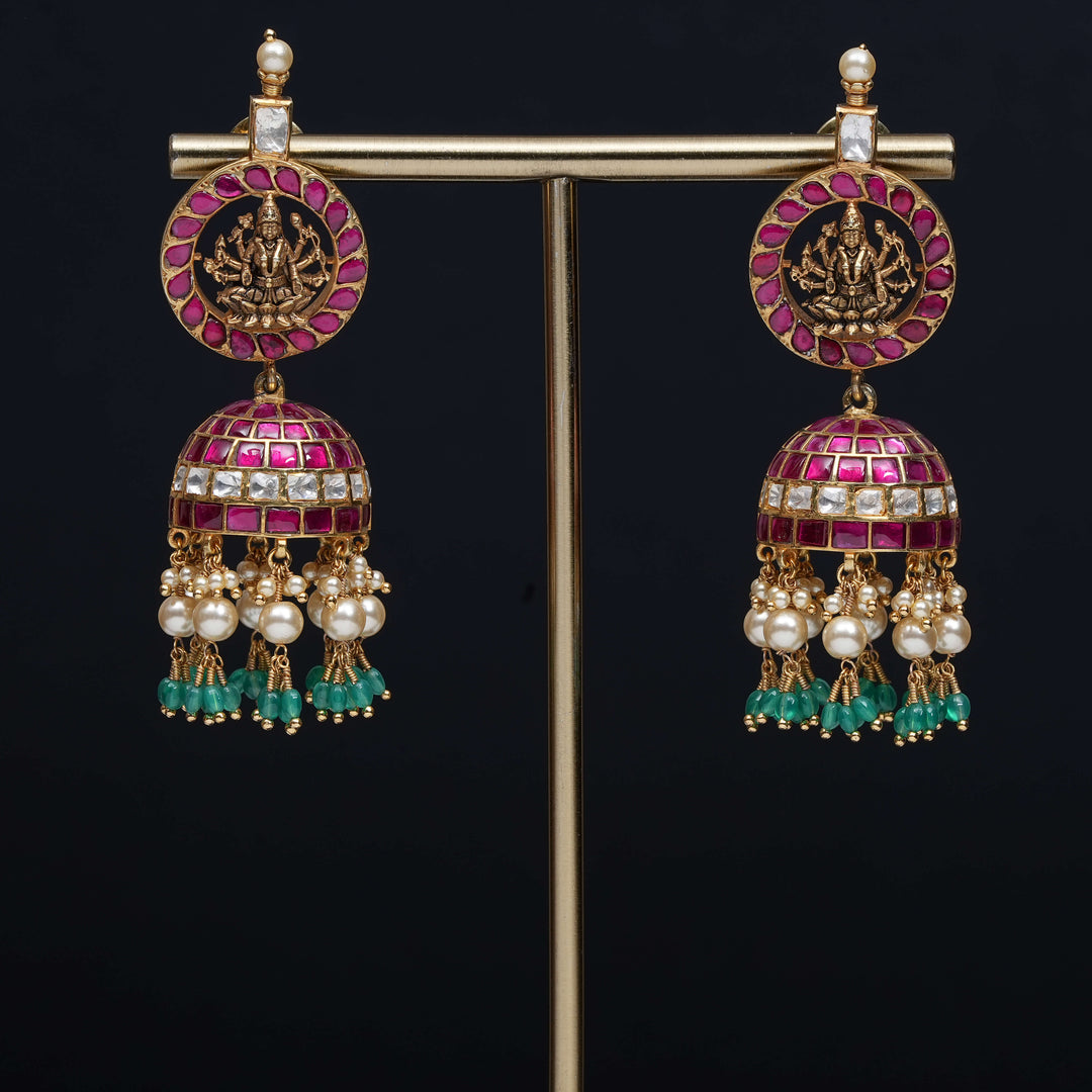 Premium 92.5 silver Kundan jhumka earrings with pearl drops, antique finish, and intricate handcrafted detailing by Sri Fine Jewellery, Hyderabad                               (https://www.srifinejewellery.com)