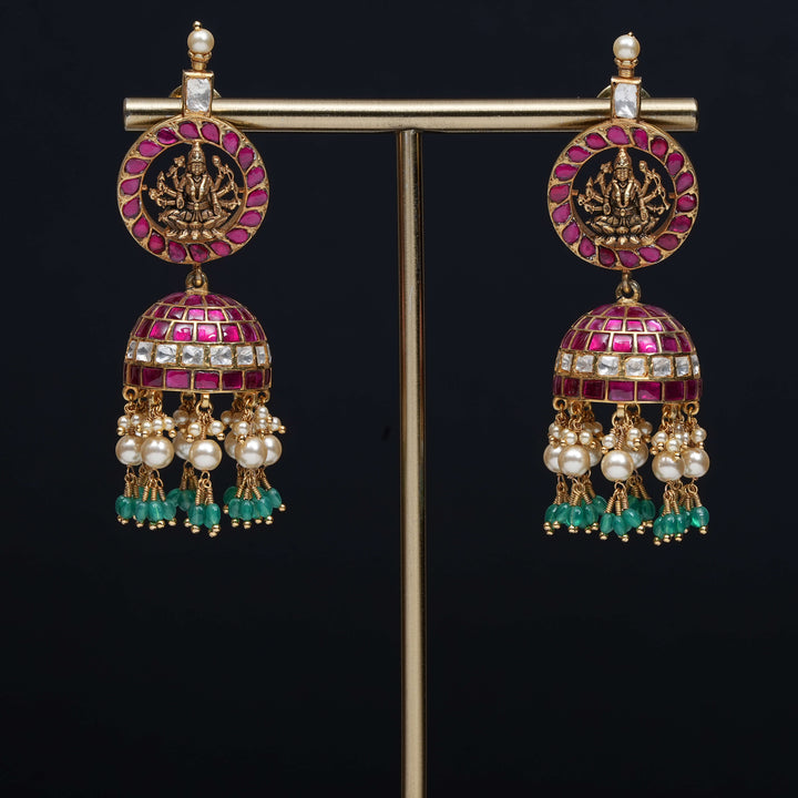 Premium 92.5 silver Kundan jhumka earrings with pearl drops, antique finish, and intricate handcrafted detailing by Sri Fine Jewellery, Hyderabad                               (https://www.srifinejewellery.com)