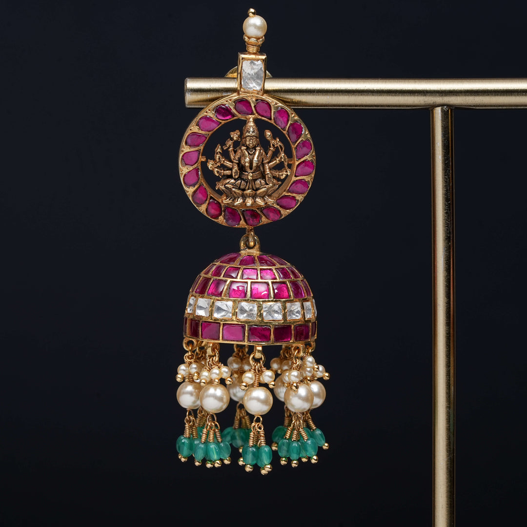 Premium 92.5 silver Kundan jhumka earrings with pearl drops, antique finish, and intricate handcrafted detailing by Sri Fine Jewellery, Hyderabad                               (https://www.srifinejewellery.com)