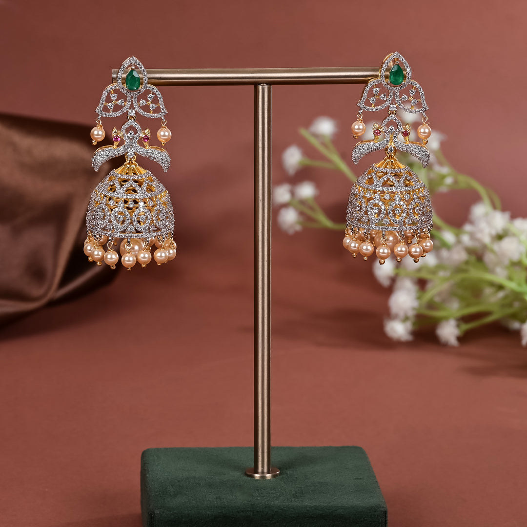 Hriday collection of 92.5 silver jhumka earrings with CZ stones, intricate  design for bridal and festive wear by Sri fine jewellery, Hyderabad.
(https://www.srifinejewellery.com)