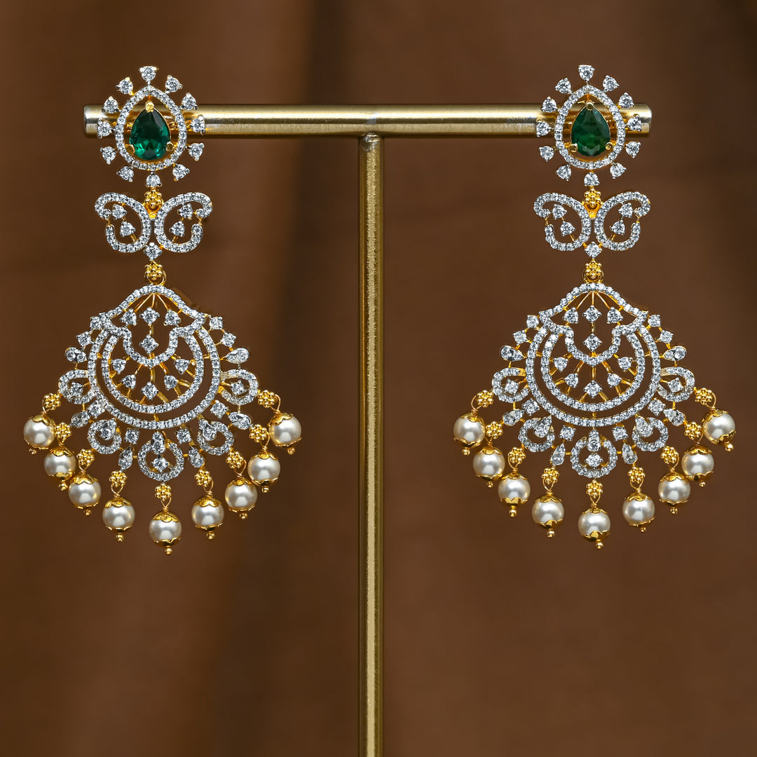 Full view of premium 92.5 silver cz emerald earrings with intricate detailing and pearl drops by Sri Fine Jewellery, Hyderabad (https://srifinejewellery.com)
