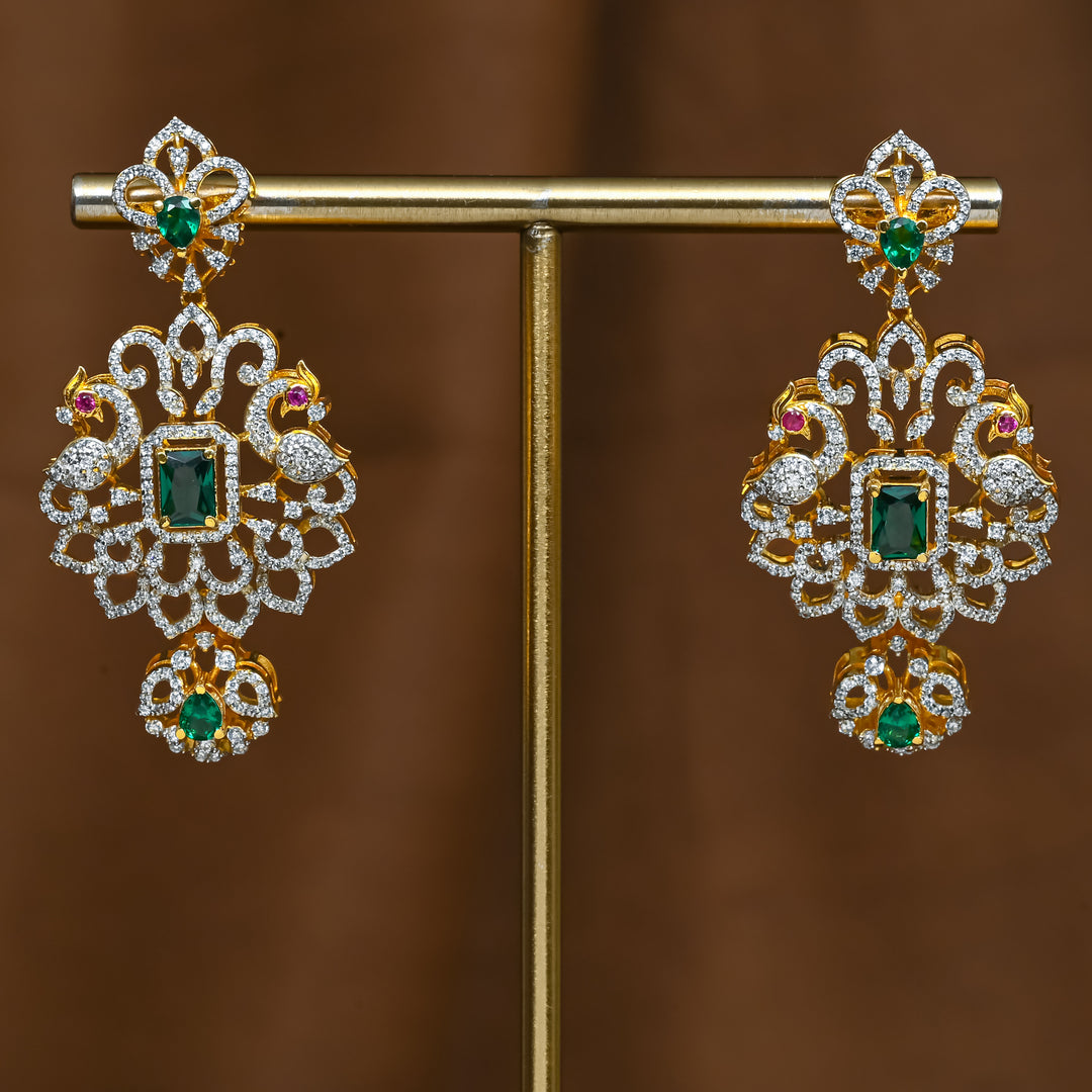 Full view of premium 92.5 silver cz emerald earrings with intricate detailing by Sri Fine Jewellery, Hyderabad (https://srifinejewellery.com)