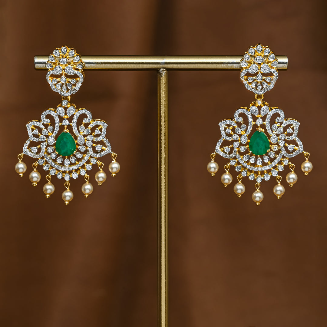 Full view of premium 92.5 silver cz emerald earrings with intricate detailing and pearl drops by Sri Fine Jewellery, Hyderabad (https://srifinejewellery.com)