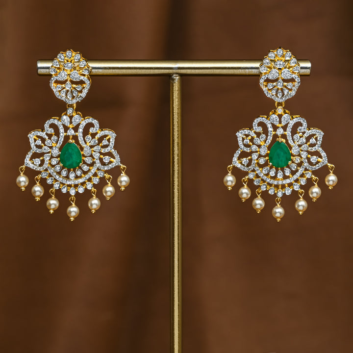 Full view of premium 92.5 silver cz emerald earrings with intricate detailing and pearl drops by Sri Fine Jewellery, Hyderabad (https://srifinejewellery.com)