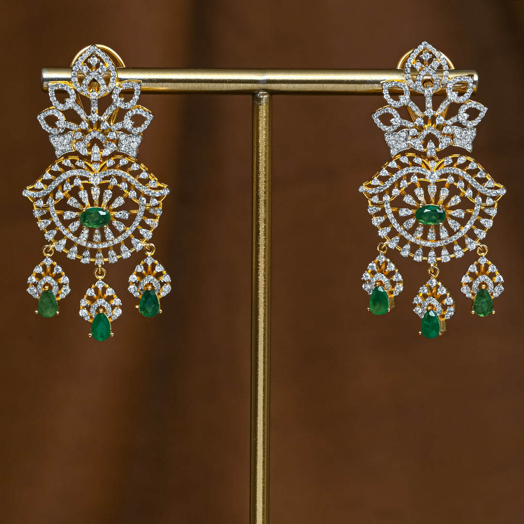 Full view of premium 92.5 silver cz emerald earrings with intricate detailing by Sri Fine Jewellery, Hyderabad (https://srifinejewellery.com)
