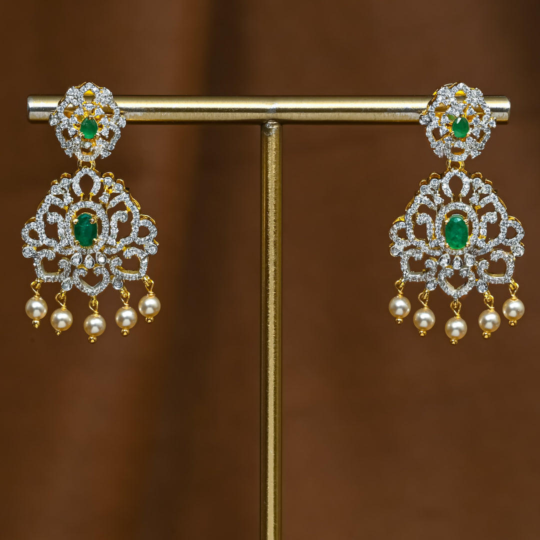 Full view of premium 92.5 silver cz emerald earrings with intricate detailing and pearl drops by Sri Fine Jewellery, Hyderabad (https://srifinejewellery.com)