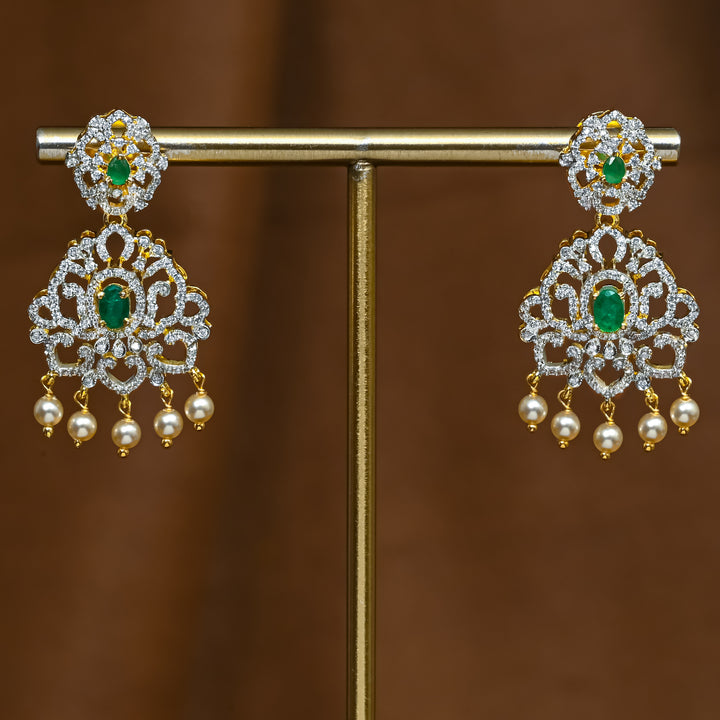 Full view of premium 92.5 silver cz emerald earrings with intricate detailing and pearl drops by Sri Fine Jewellery, Hyderabad (https://srifinejewellery.com)
