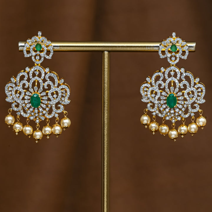 Full view of premium 92.5 silver cz emerald earrings with intricate detailing and pearl drops by Sri Fine Jewellery, Hyderabad (https://srifinejewellery.com)