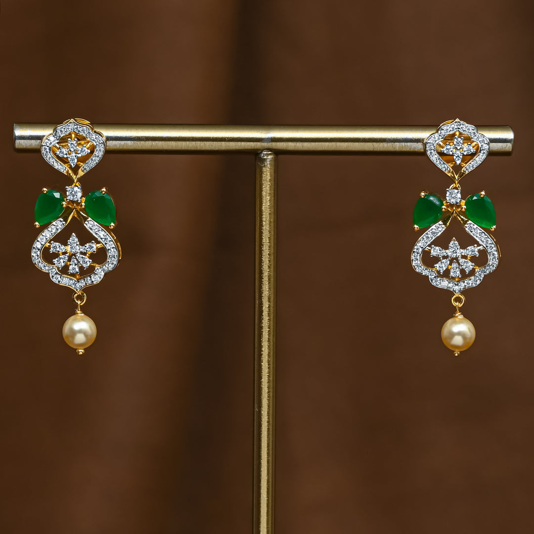 Full view of premium 92.5 silver cz emerald earrings with intricate detailing and pearl drop by Sri Fine Jewellery, Hyderabad (https://srifinejewellery.com)