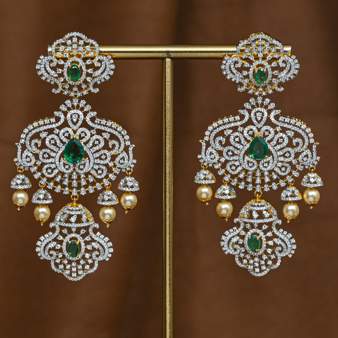 Full view of premium 92.5 silver cz emerald earrings with intricate detailing and pearl drops by Sri Fine Jewellery, Hyderabad (https://srifinejewellery.com)