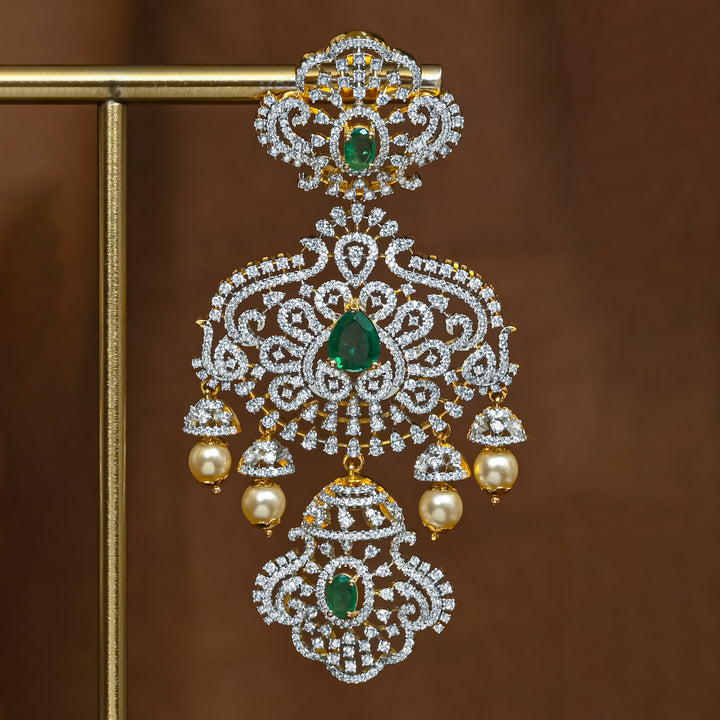 Close-view of premium 92.5 silver cz emerald earrings with intricate detailing and pearl drops by Sri Fine Jewellery, Hyderabad (https://srifinejewellery.com) 