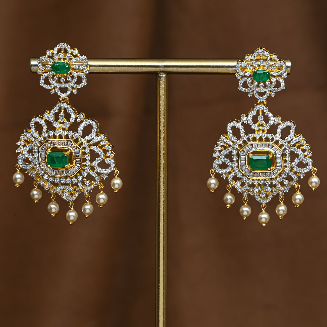 Full view of premium 92.5 silver cz emerald earrings with intricate detailing and pearl drops by Sri Fine Jewellery, Hyderabad (https://srifinejewellery.com)