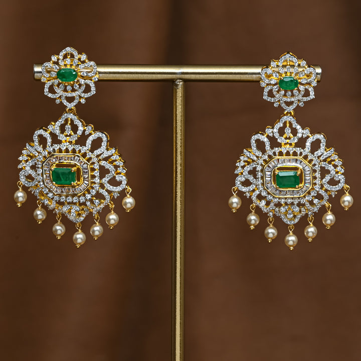 Full view of premium 92.5 silver cz emerald earrings with intricate detailing and pearl drops by Sri Fine Jewellery, Hyderabad (https://srifinejewellery.com)