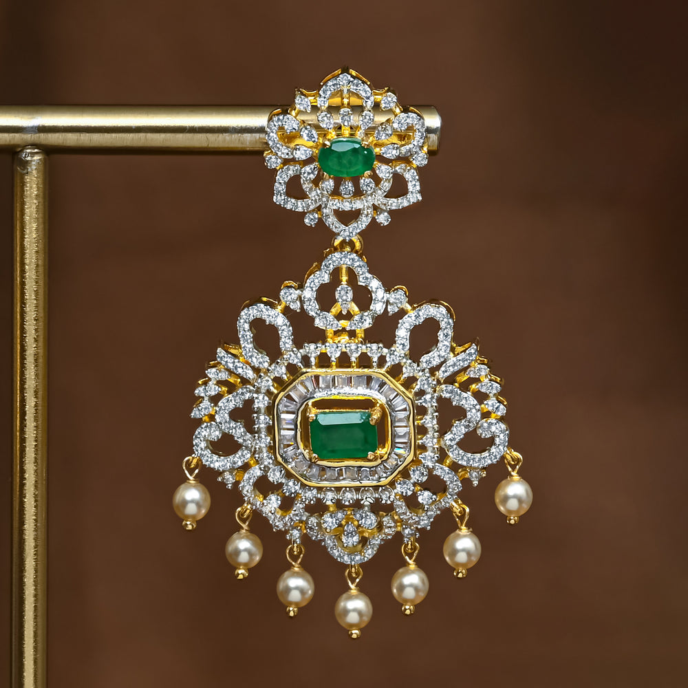 Close-up view of premium 92.5 silver cz emerald earrings with intricate detailing and pearl drops by Sri Fine Jewellery, Hyderabad (https://srifinejewellery.com)