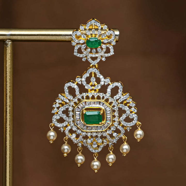 Close-up view of premium 92.5 silver cz emerald earrings with intricate detailing and pearl drops by Sri Fine Jewellery, Hyderabad (https://srifinejewellery.com)