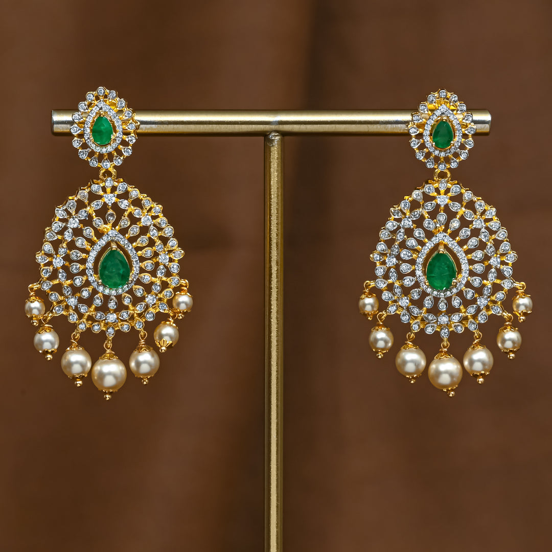 Full view of premium 92.5 silver cz emerald earrings with intricate detailing and pearl drops by Sri Fine Jewellery, Hyderabad (https://srifinejewellery.com)