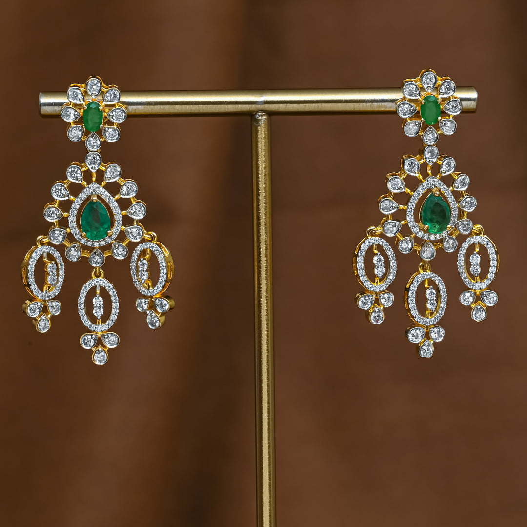 Full view of premium 92.5 silver cz emerald earrings with intricate detailing by Sri Fine Jewellery, Hyderabad (https://srifinejewellery.com)