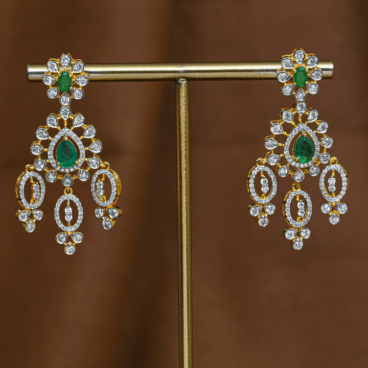 Full view of premium 92.5 silver cz emerald earrings with intricate detailing by Sri Fine Jewellery, Hyderabad (https://srifinejewellery.com)