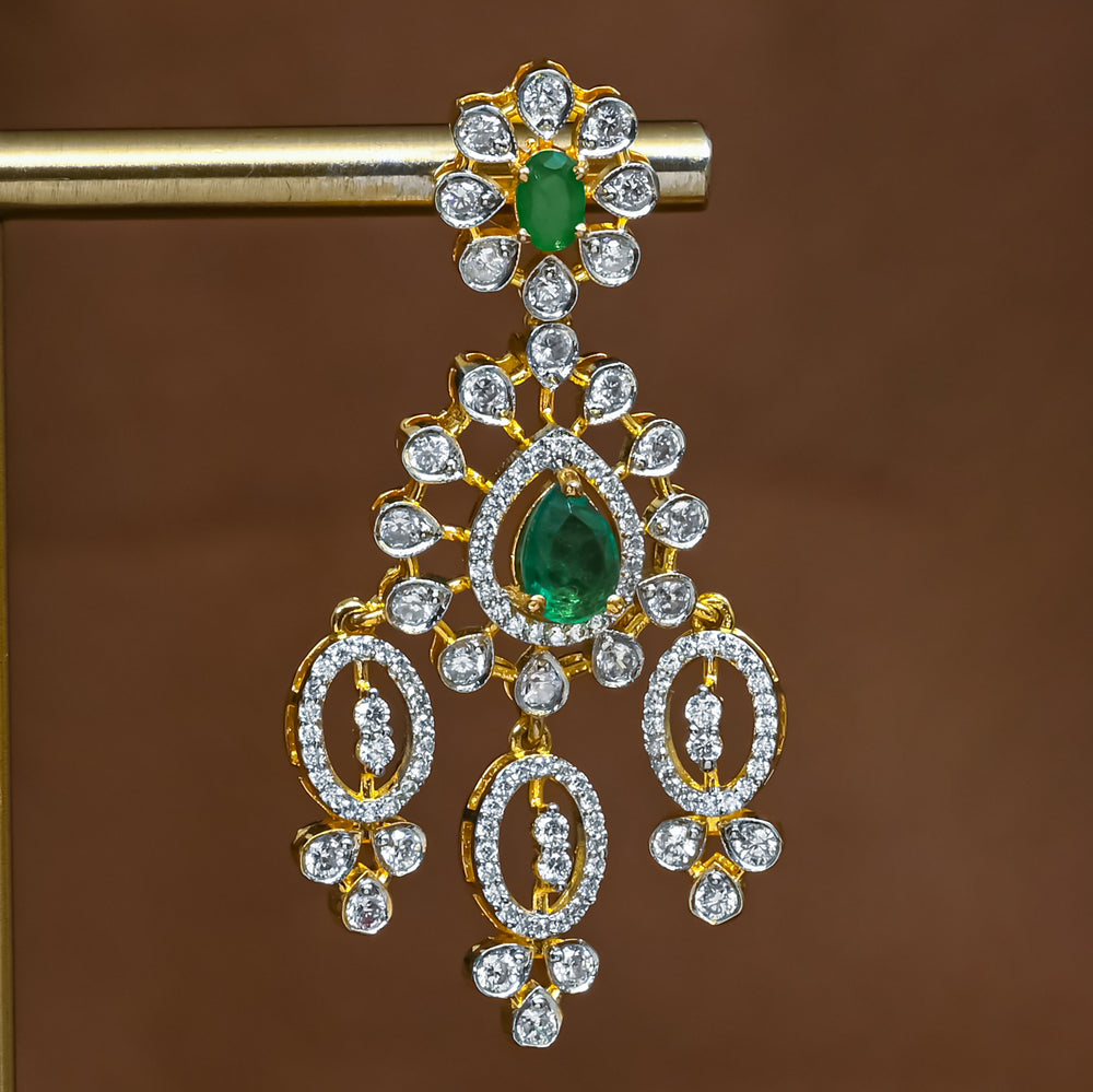 Close-up view of premium 92.5 silver cz emerald earrings with intricate detailing by Sri Fine Jewellery, Hyderabad (https://srifinejewellery.com)