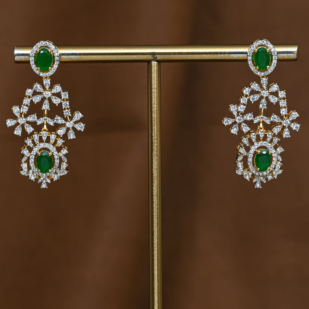 Full view of premium 92.5 silver cz emerald earrings with intricate detailing by Sri Fine Jewellery, Hyderabad (https://srifinejewellery.com)