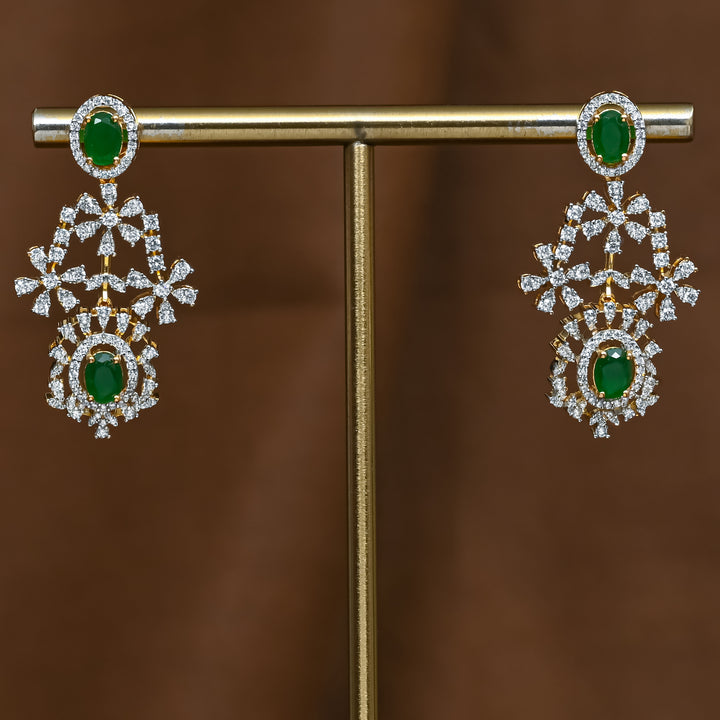 Full view of premium 92.5 silver cz emerald earrings with intricate detailing by Sri Fine Jewellery, Hyderabad (https://srifinejewellery.com)