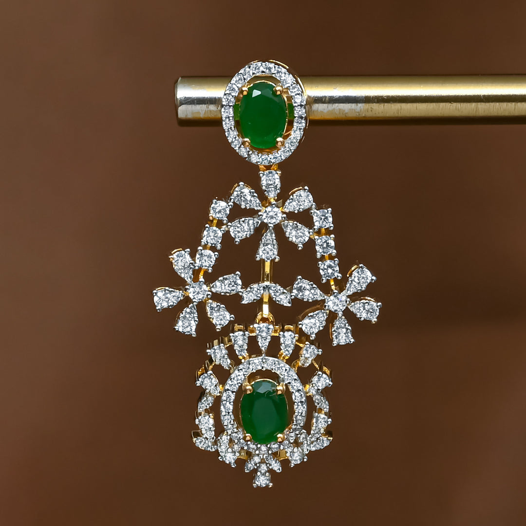 Close-up view of premium 92.5 silver cz emerald earrings with intricate detailing by Sri Fine Jewellery, Hyderabad (https://srifinejewellery.com)
