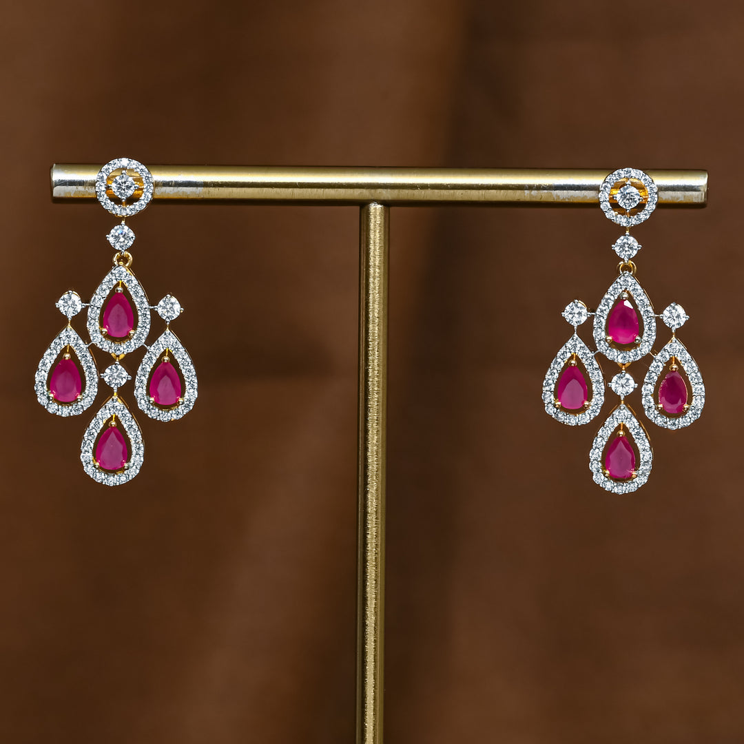 Full view of premium 92.5 silver cz ruby earrings with intricate detailing by Sri Fine Jewellery, Hyderabad (https://srifinejewellery.com)