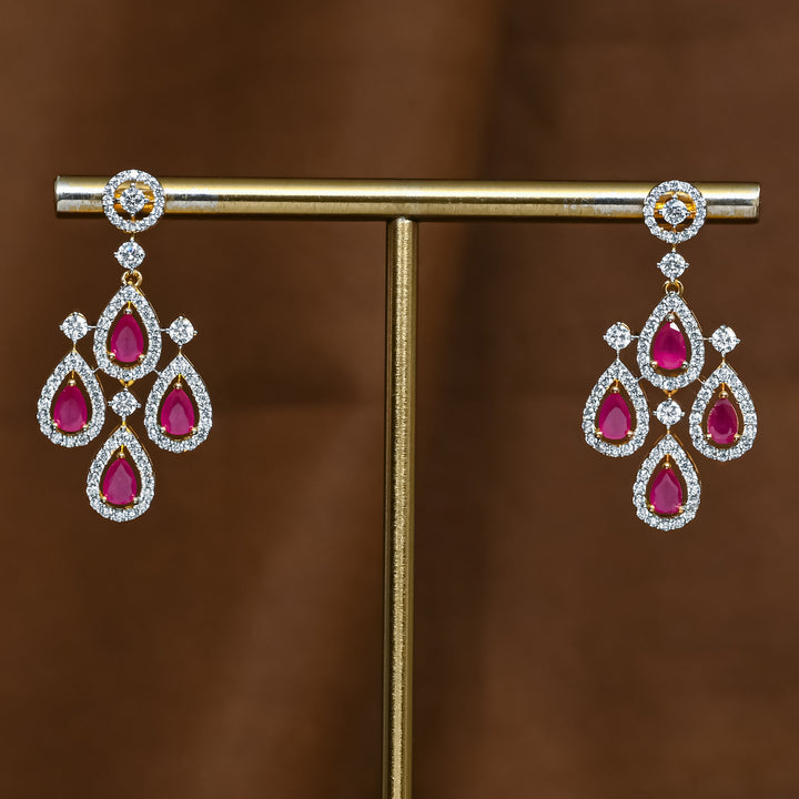 Full view of premium 92.5 silver cz ruby earrings with intricate detailing by Sri Fine Jewellery, Hyderabad (https://srifinejewellery.com)