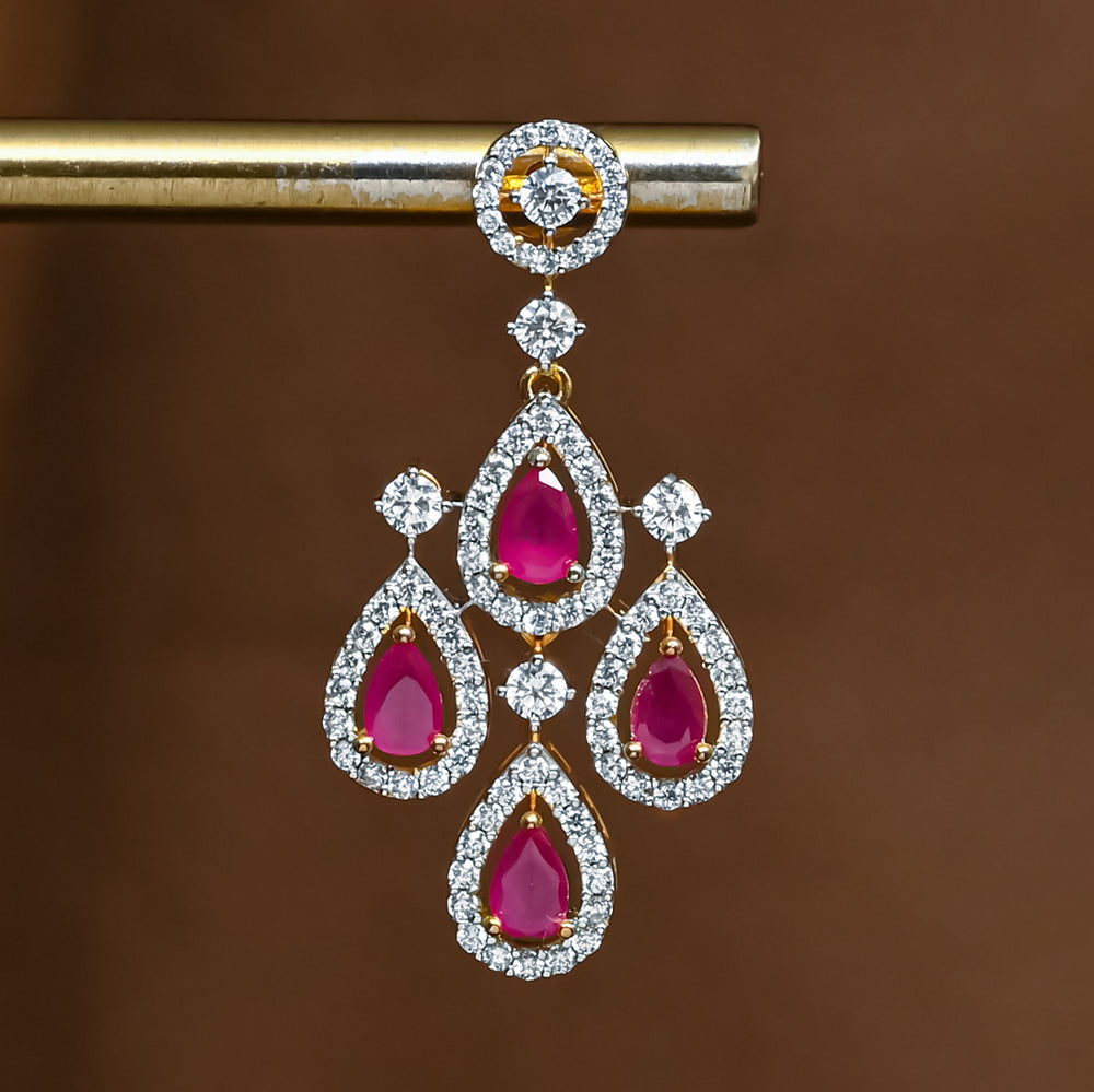 Close-up view of premium 92.5 silver cz ruby earrings with intricate detailing by Sri Fine Jewellery, Hyderabad (https://srifinejewellery.com)